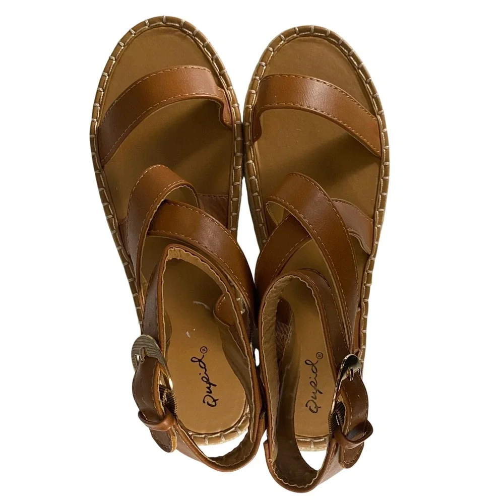 Qupid Tan Faux Leather Espadrille Platform Sandals Strappy Ankle Buckle Size 7.5